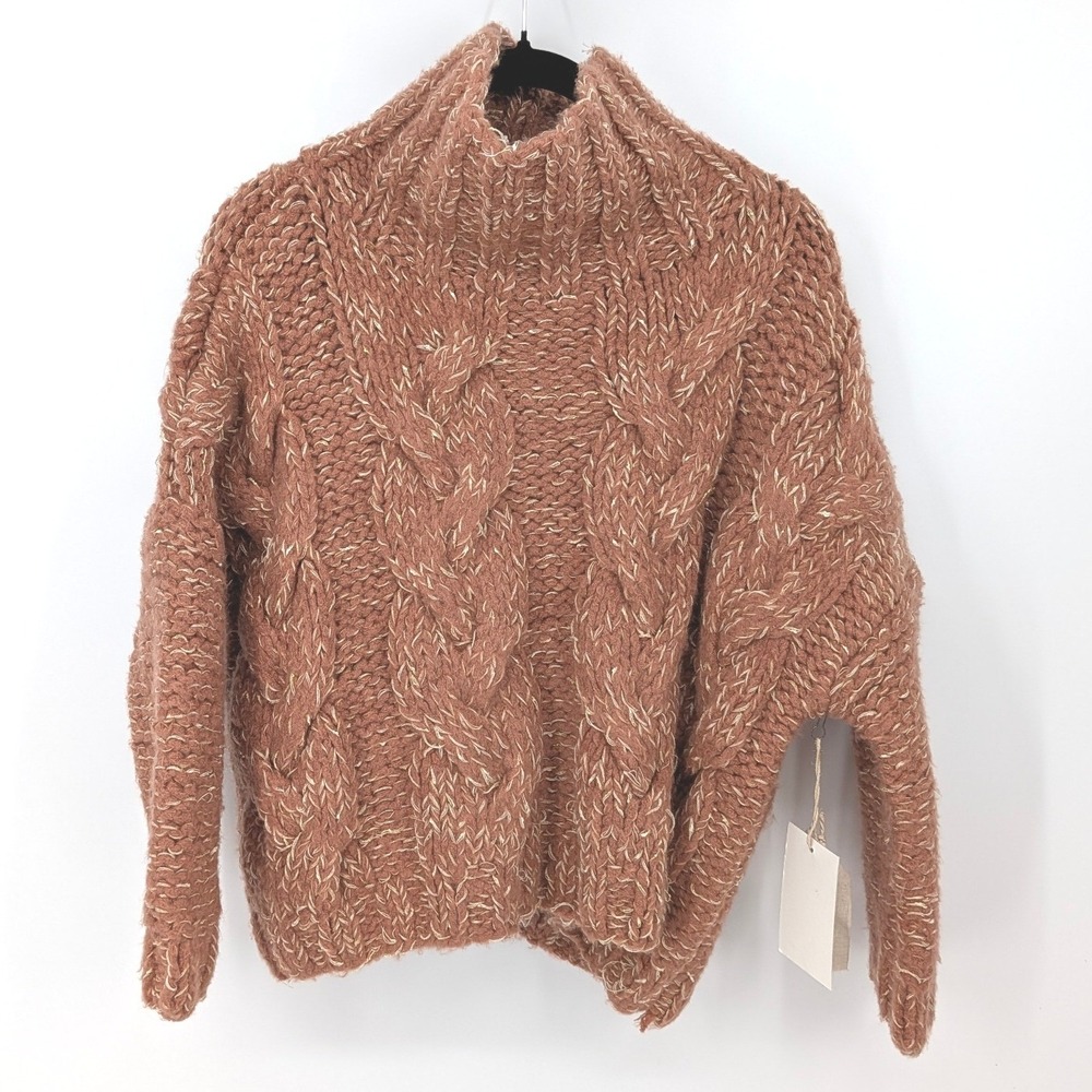 Moon River Chunky Cable Knit Sweater Womens Medium Brown Gold Metallic Mock Neck